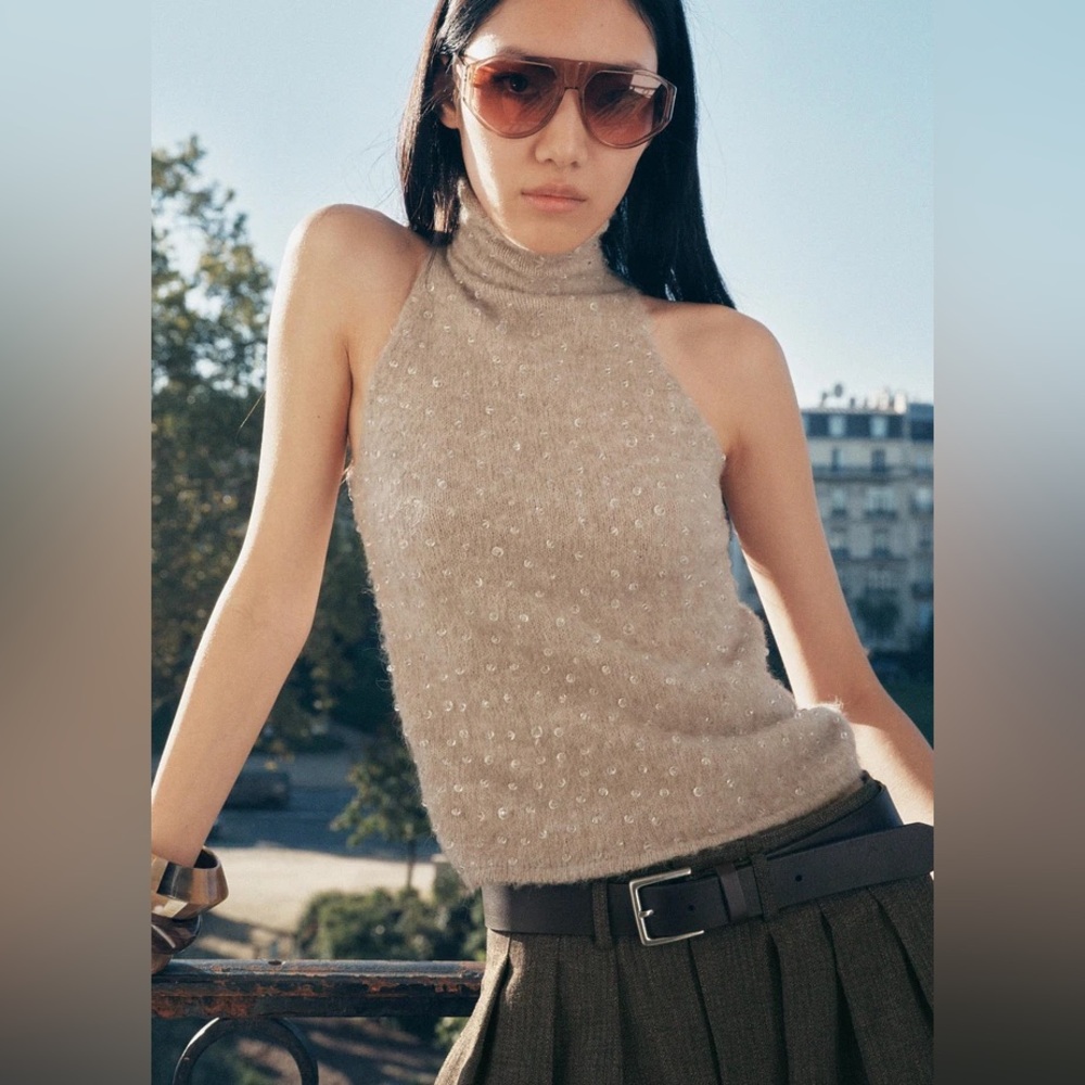 ZARA Beaded Sleeveless Turtleneck Sweater